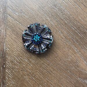 Pewter Tone Circular Ruffled Pin Brooch Blue, Aqua Rhinestones